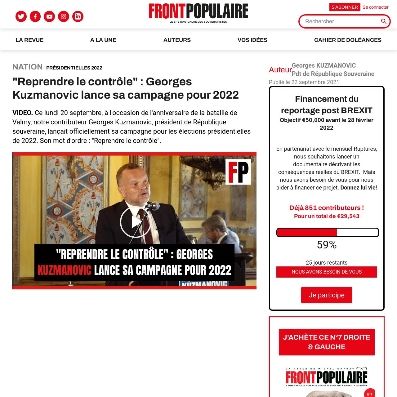 Front Populaire – “Reprendre le contrôle” : Georges Kuzmanovic lance sa campagne pour 2022