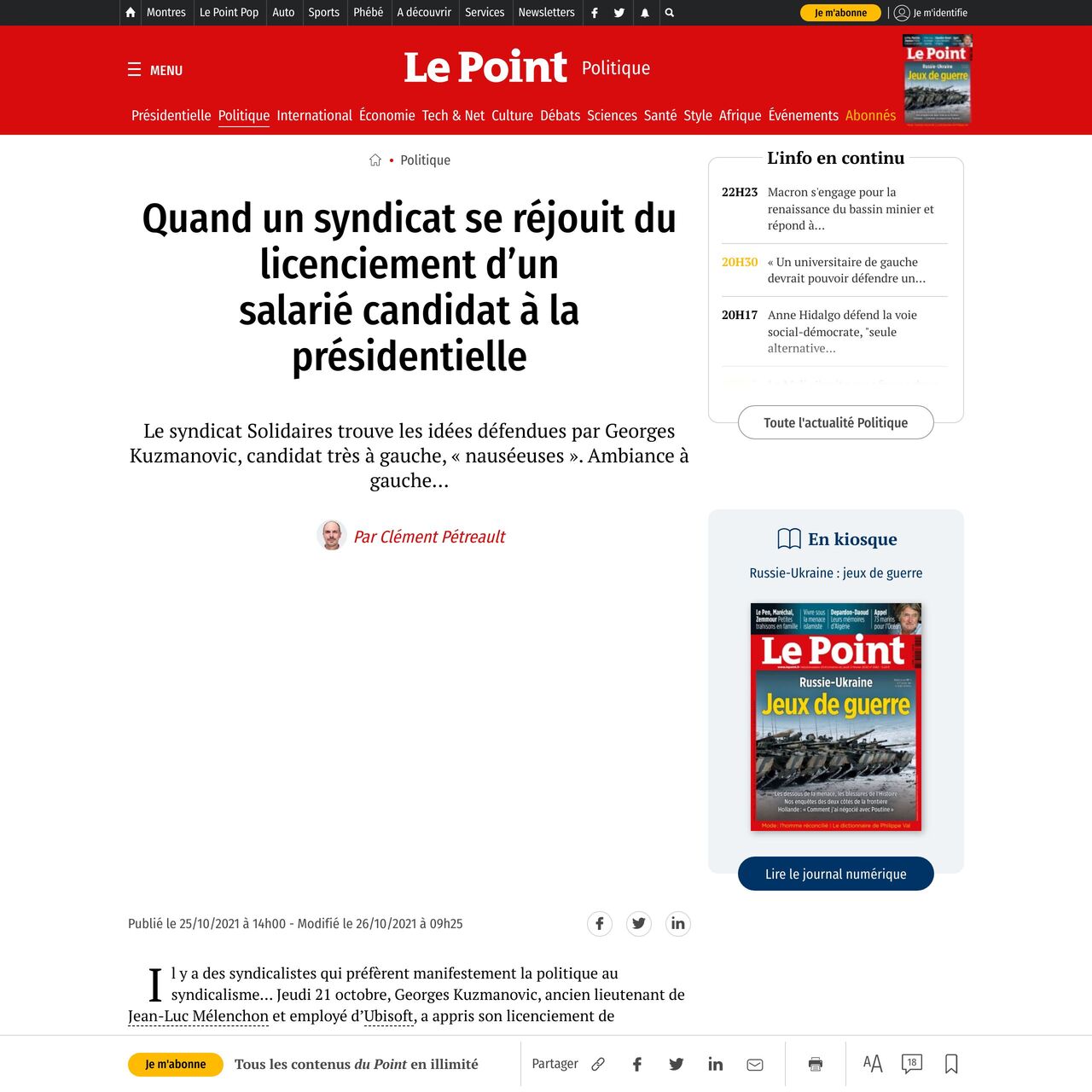 Le Point – Quand un syndicat se réjouit du licenciement d’un salarié candidat à la présidentielle