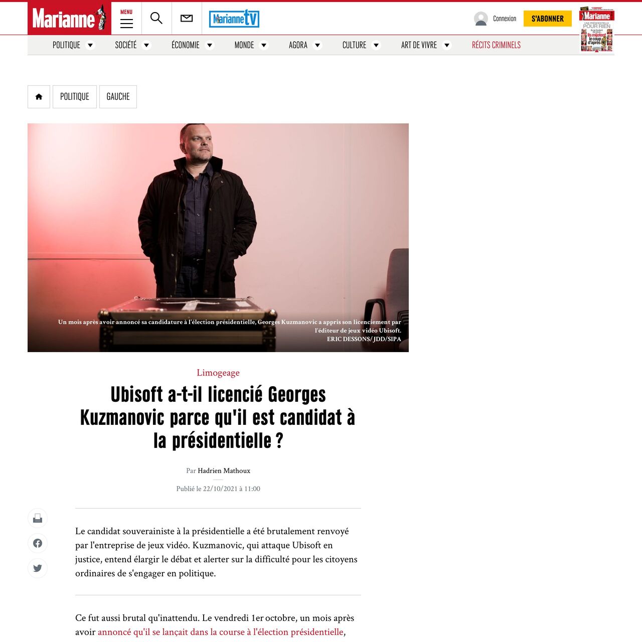 Marianne – Ubisoft a-t-il licencié Georges Kuzmanovic parce qu’il est candidat à la présidentielle ?