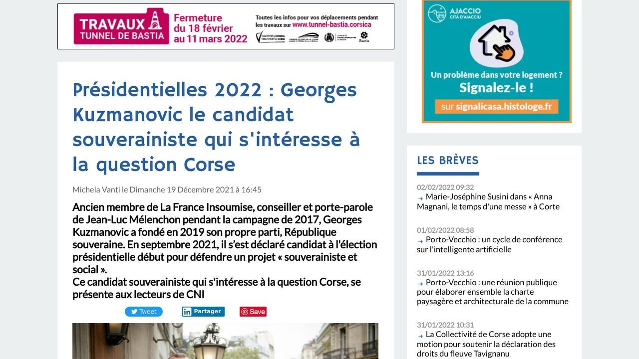 Corse Net Infos – Présidentielles 2022 : Georges Kuzmanovic le candidat souverainiste qui s’intéresse à la question Corse