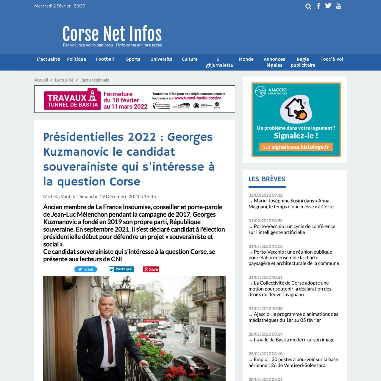 Corse Net Infos – Présidentielles 2022 : Georges Kuzmanovic le candidat souverainiste qui s’intéresse à la question Corse